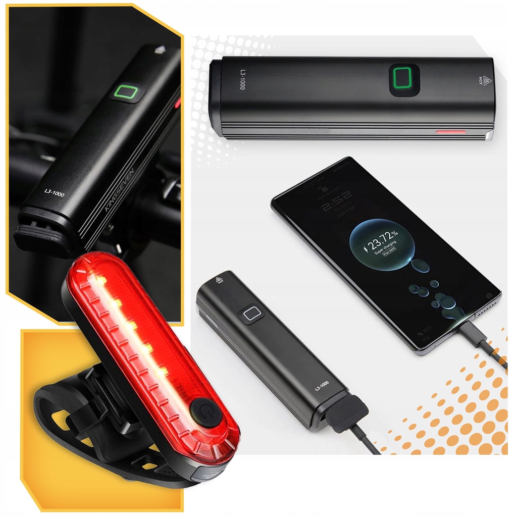 LAMPKA ROWEROWA LED TYLNA USB PRZEDNIA PRZÓD MOCNA TYŁ ZESTAW NA ROWER Model Lampka LED TR 40 1000lm 4800mAh + 330mAh IPX6 PRO
